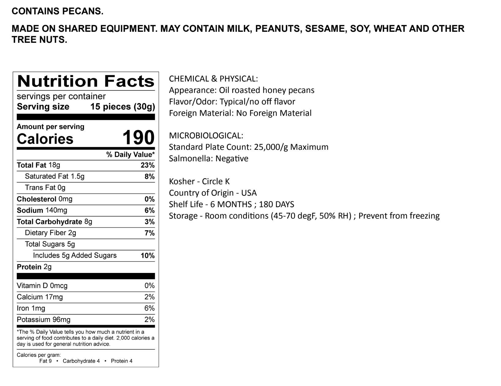 Honey Roasted Pecan Nutrition Label