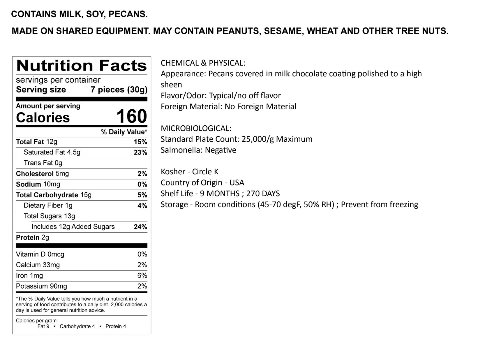 Milk Chocolate Pecan Nutrition label