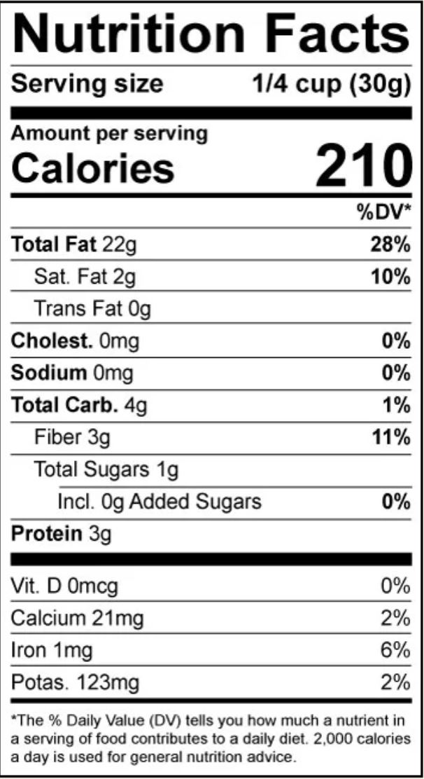 Pecan Nutrition label